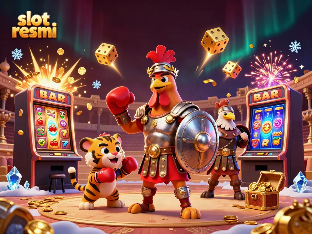 Slot resmi: Bursting jackpot dari mesin slot 3D dengan karakter ayam jantan, macan kecil, dan bendera elang.