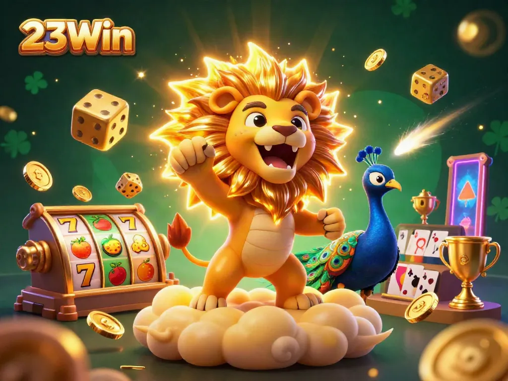 Experience thrilling slots with 23Win, featuring a roaring lion and golden jackpot elements.