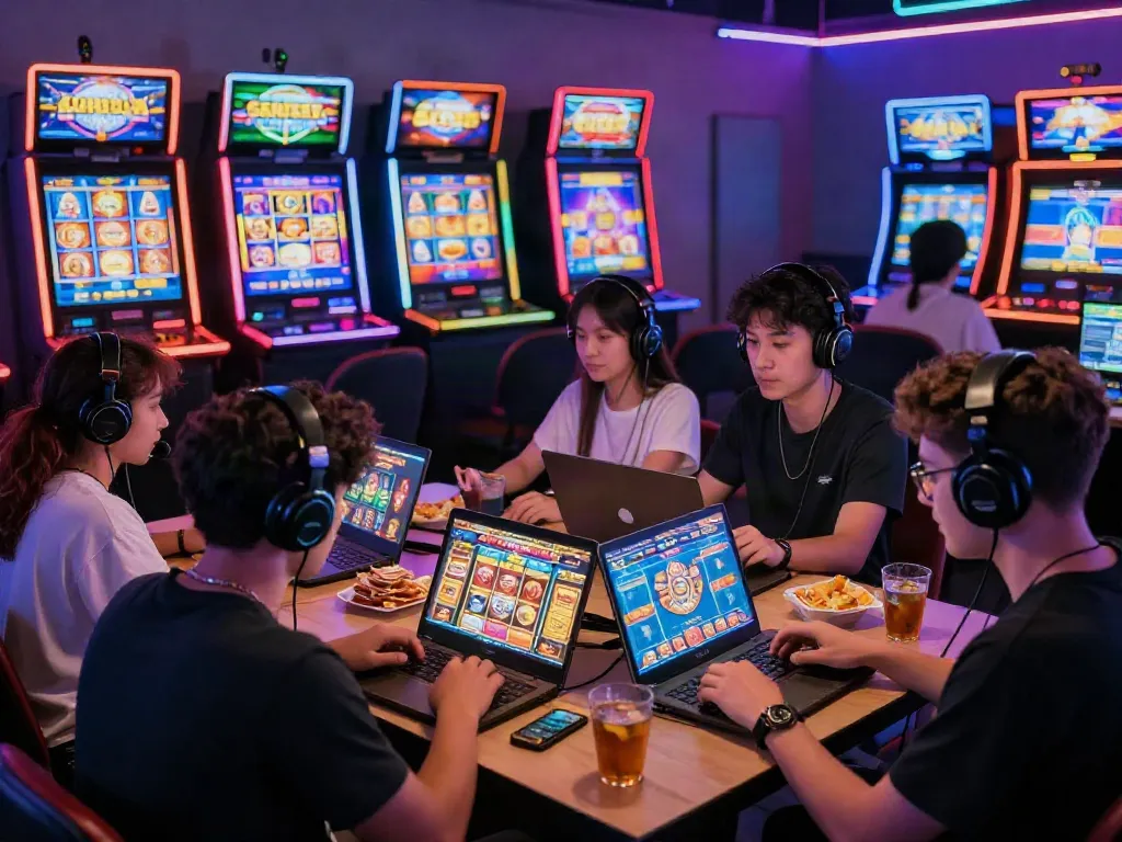 Players enjoying slot gacor games in a vibrant, neon-lit gaming setup, with devices and snacks around.