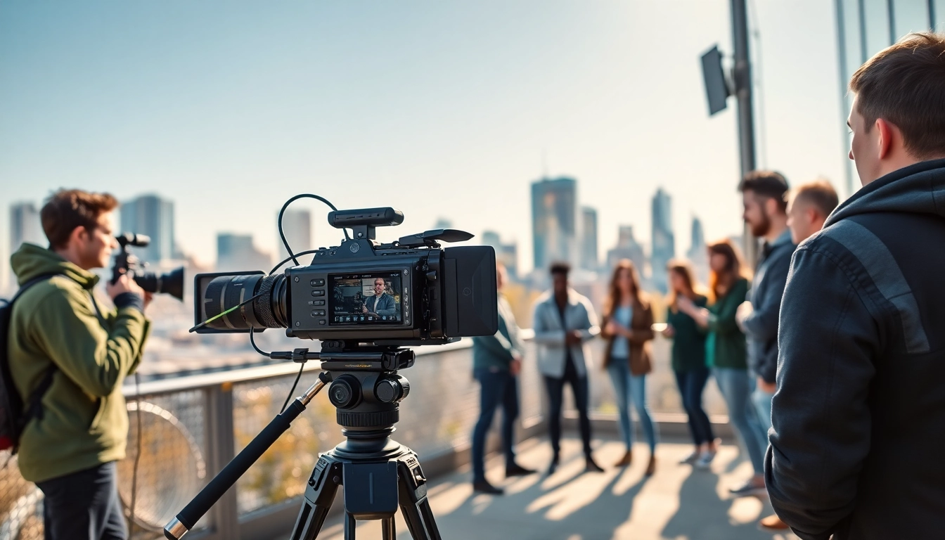 Engaged professionals working in video production Edmonton, filming dynamic urban scenes.