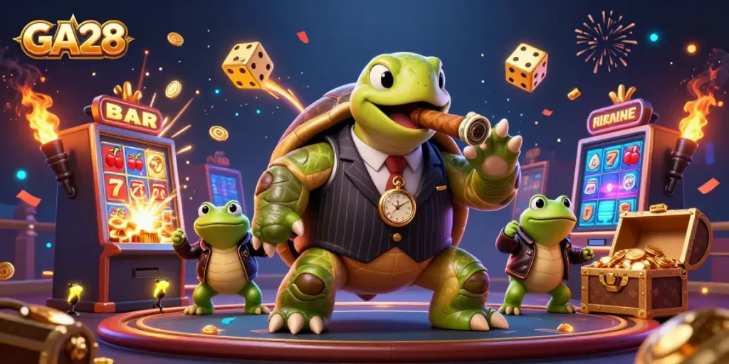 Play at GA28 with a giant snapping turtle in a casino scene filled with vibrant gaming elements.