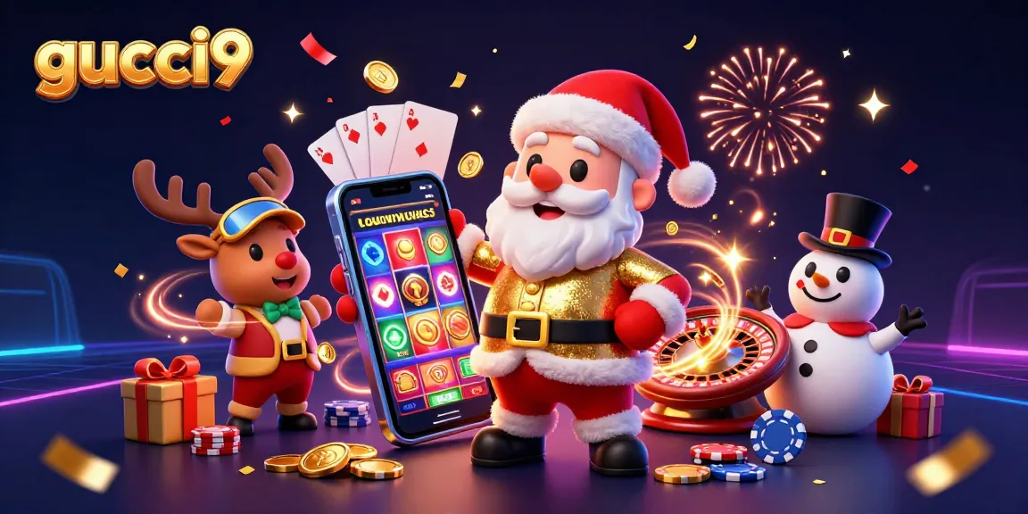Engage with gucci9's dynamic slot games in this festive casino scene illustration.