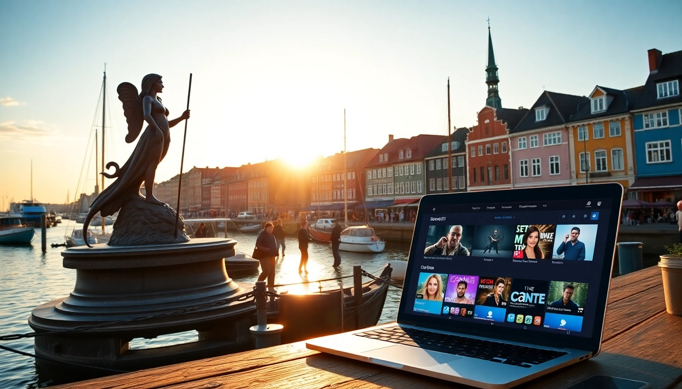 Engaging visual showcasing iptv Denmark with Danish landmarks and streaming devices.