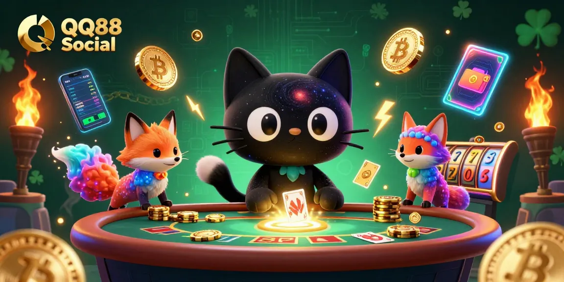 "Engage with QQ88 Social's cosmic casino features featuring a black hole cat and nebula fox."