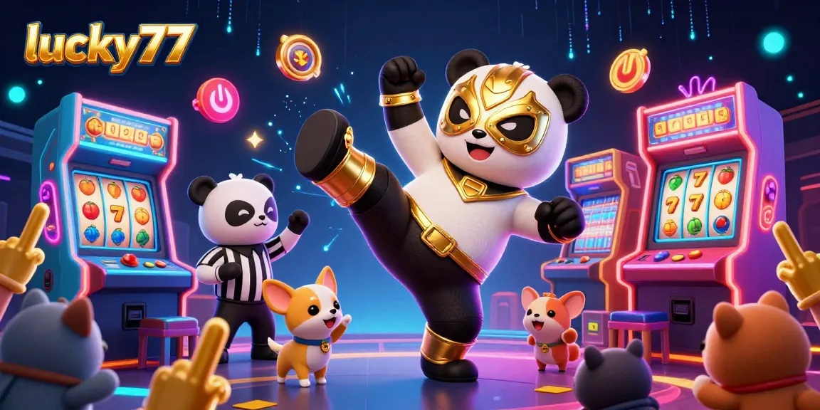 Experience thrilling gameplay at lucky77, where a panda wrestler flies through a vibrant casino ambiance!