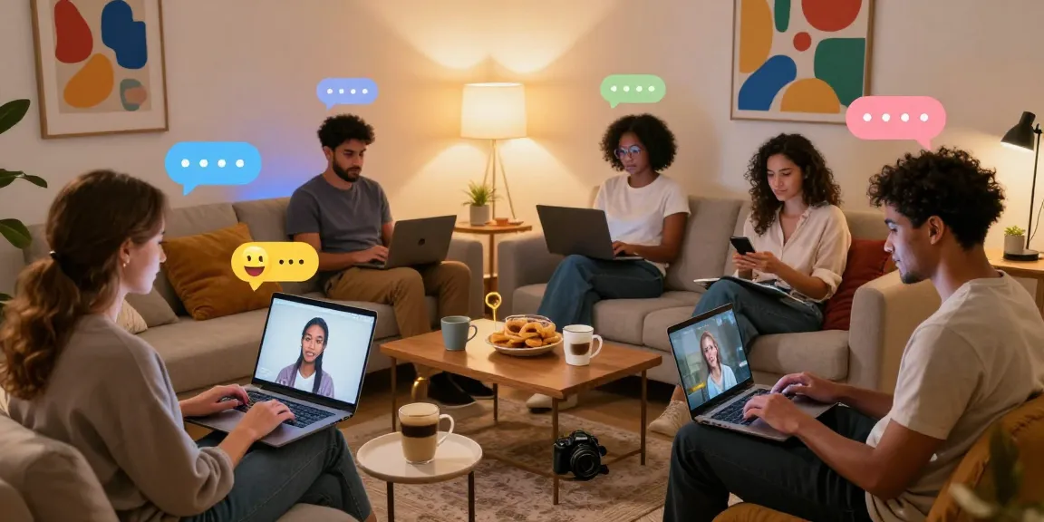 Engaging sex chat in a cozy virtual chat room with diverse users and playful emoji graphics enhancing conversation.
