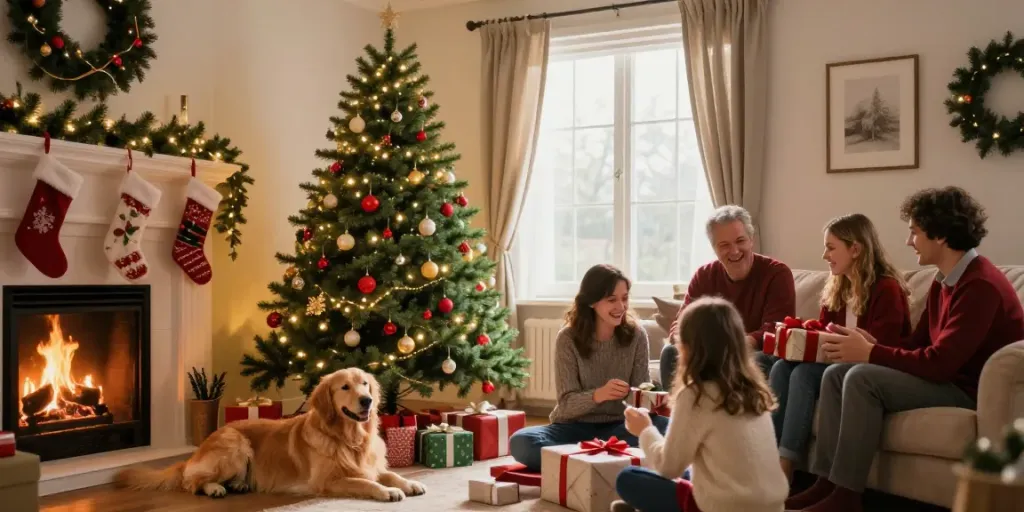 Festively decorated pencil Christmas tree in a cozy living room.