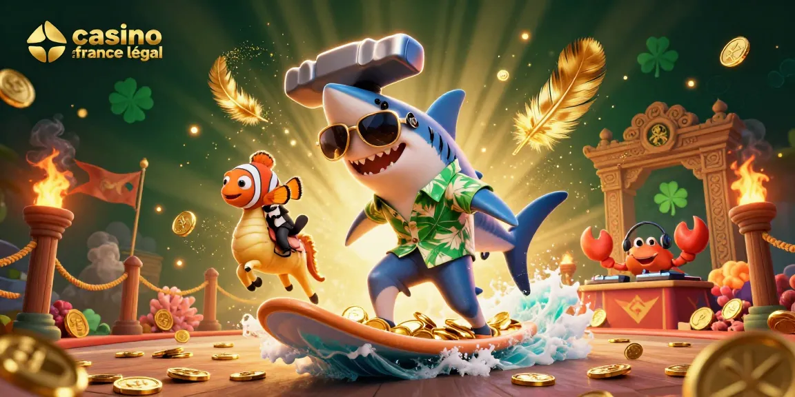 Une scène dynamique avec un requin marteau surfant sur des pièces, mettant en avant le casino en ligne France légal.