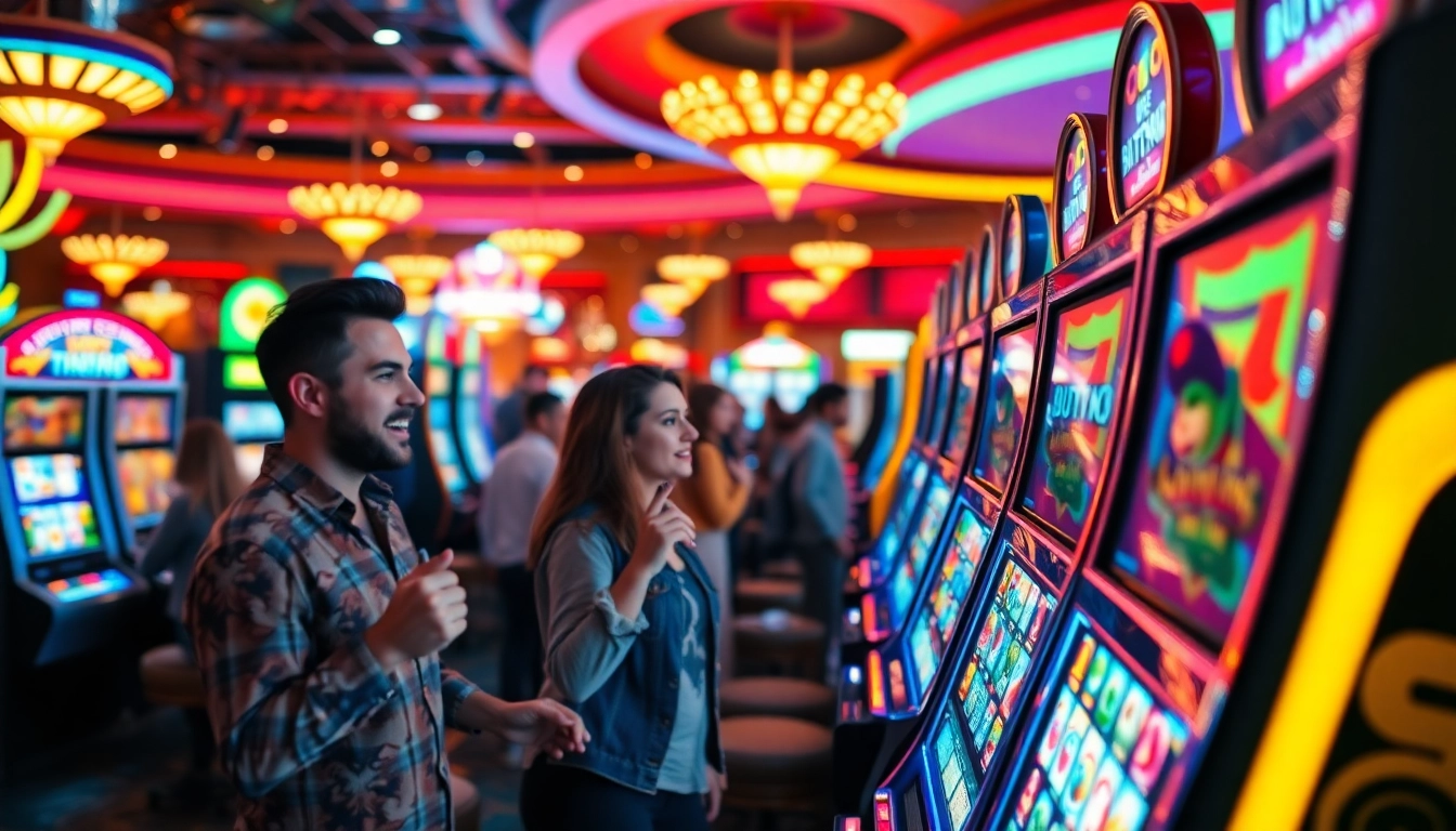 Players enjoying slot gambling with vibrant machines and an exciting casino atmosphere.