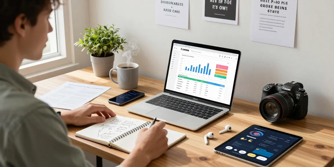 Home office scene with entrepreneur using https://www.www456bd.com/ for business analytics, featuring laptop and plants.