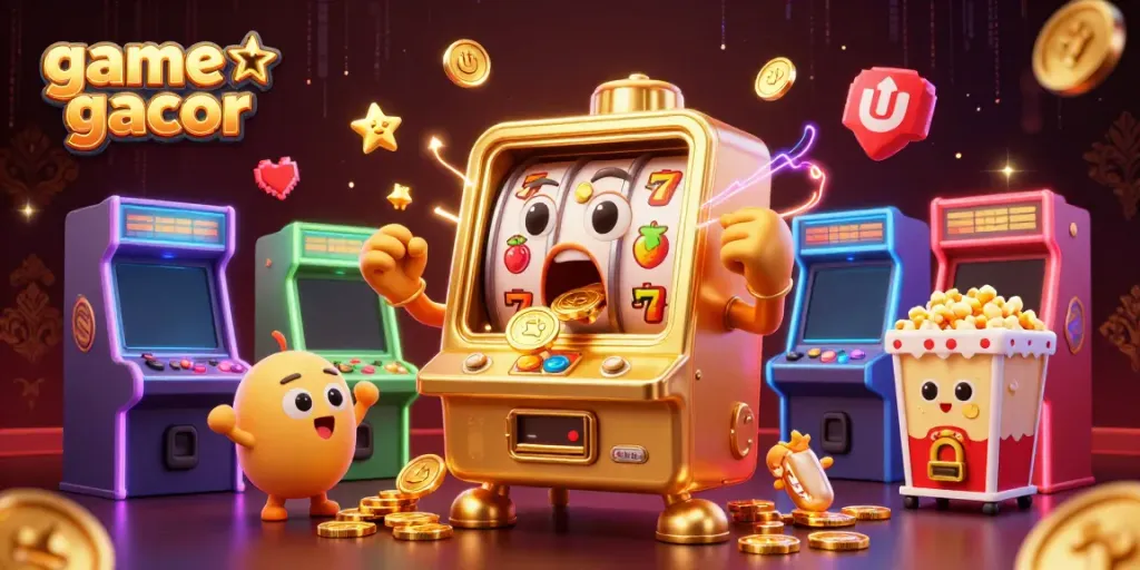 Experience fun with game slot gacor as golden slots hit jackpots, cheering characters, and neon arcade vibes.