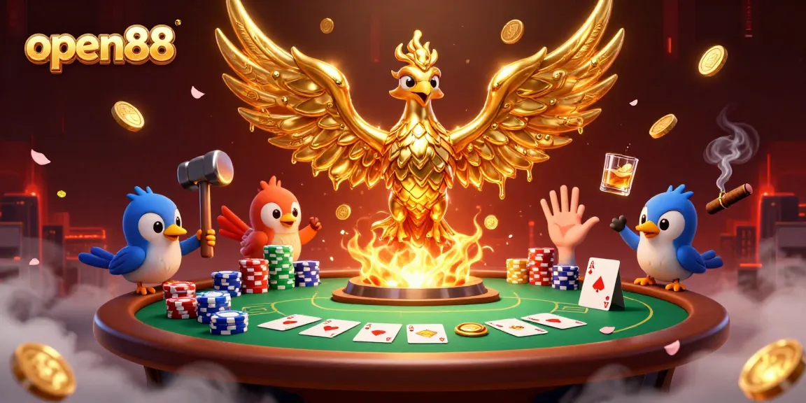 Experience the thrill of open88 with a golden phoenix and dynamic poker scene surrounded by winning elements.