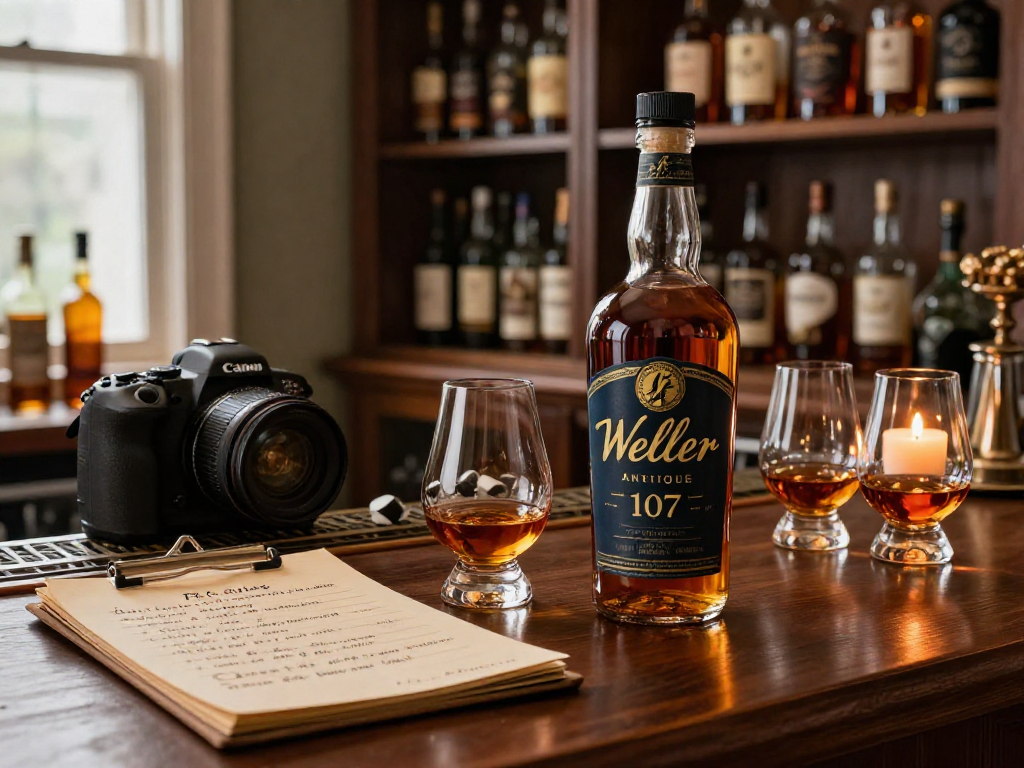 Weller Antique 107 Bourbon presented elegantly in a cozy home bar setting with tasting notes and whiskey stones.
