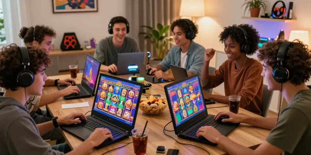 Online gaming friends enjoying สล็อตเว็บตรง slot games together in a cozy home setting.