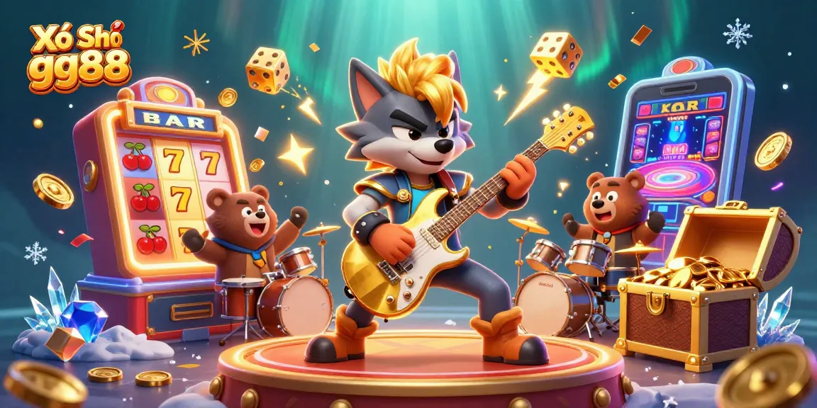 Experience excitement with Xổ Số gg88 as a cartoon wolf rocks the casino stage amid a thrilling jackpot scene.