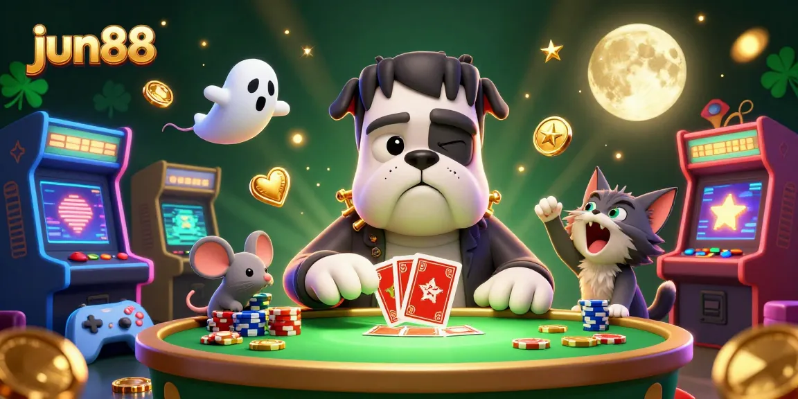 Experience thrilling gameplay at jun88 with lively characters and flashy casino elements in a 3D digital illustration.
