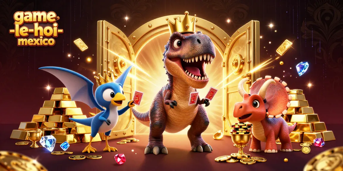 Spin to win with game-le-hoi-mexico, where T-Rex and friends shuffle cards in a vibrant casino scene.