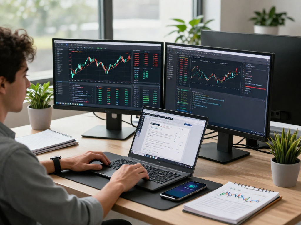 Developer using a multi-ticker HK stock batch API to analyze market data in a modern workspace.
