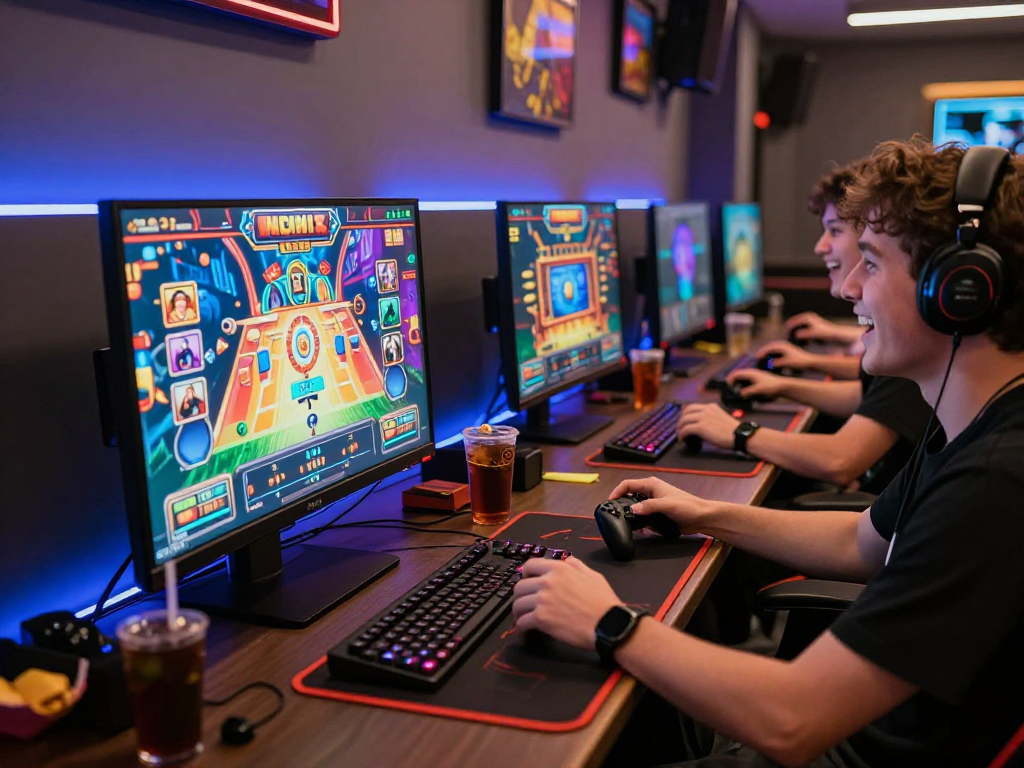Penggemar bermain slot88 bersama di ruang permainan modern, menikmati pengalaman bermain yang seru dan penuh semangat.