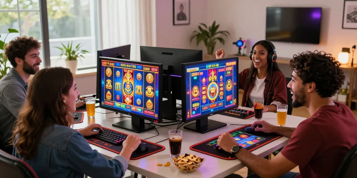 Friends enjoying a slot raja gaming night with exciting visuals and vibrant atmosphere.