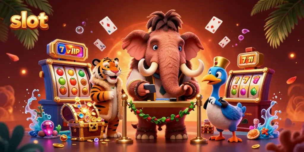 Grafik ilustrasi kasino dengan karakter mamut dan harimau di ruang bermain slot yang kaya detail.