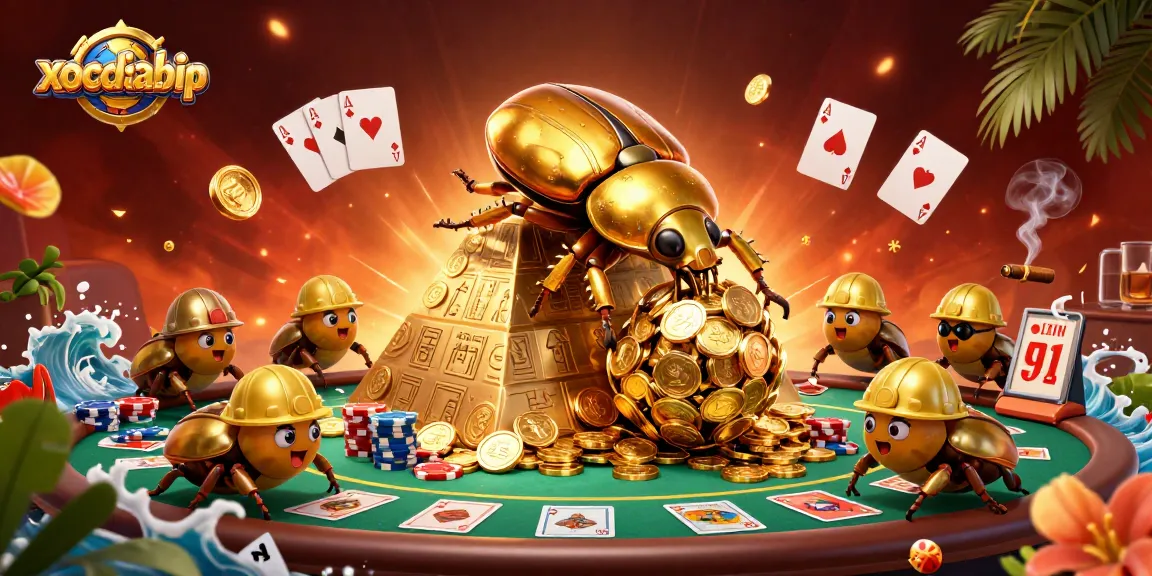 Engage with xocdiabip as a golden dung beetle rolls coins at an exciting casino pyramid scene.