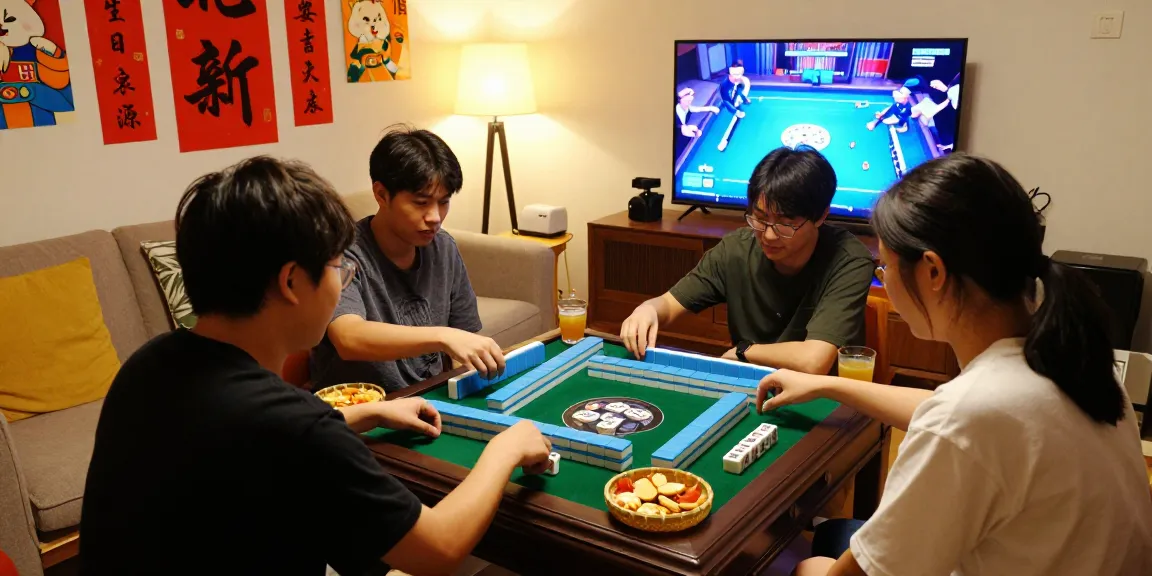 Friends enjoying MahjongJP88 gameplay in a cozy living room setting with snacks and exciting atmosphere.