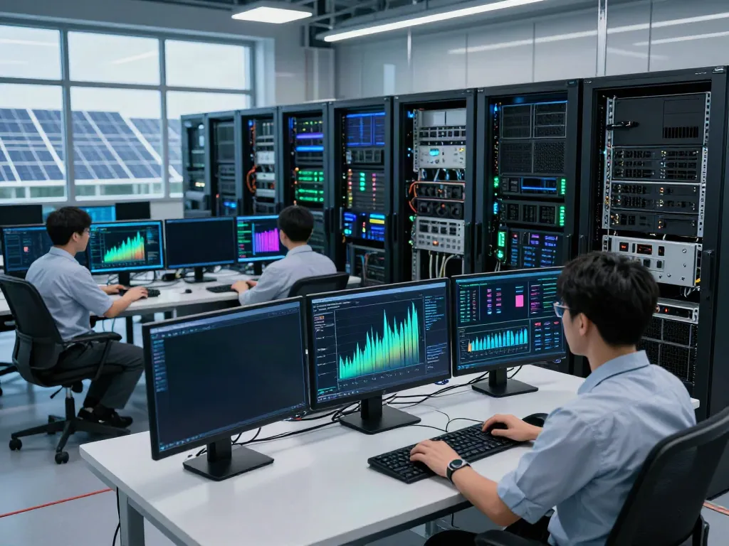 AI inference systems in a high-tech data center with engineers monitoring GPU metrics.