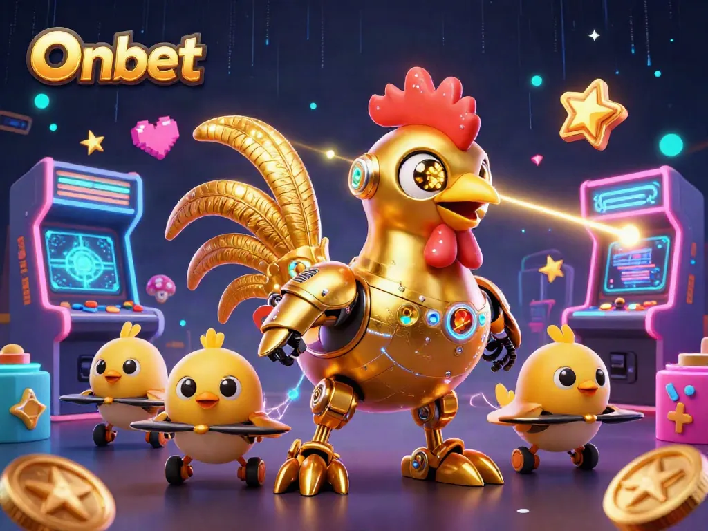 Engage with Onbet's vibrant casino world featuring a retro-futuristic golden rooster robot.
