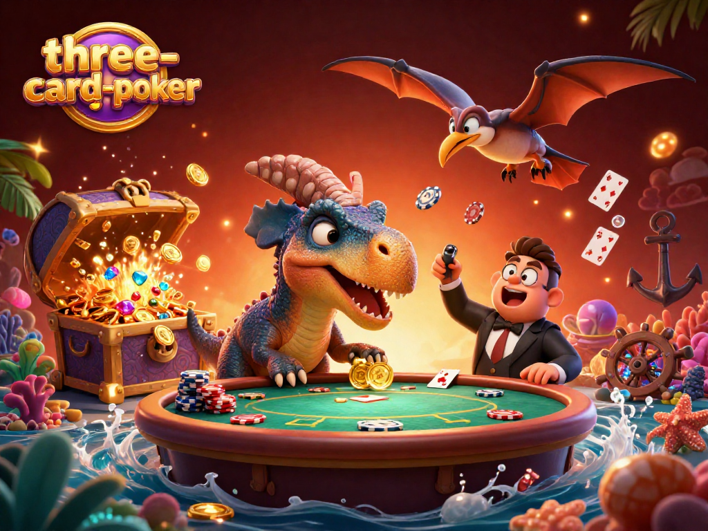 Watch a three-card-poker showdown as a dinosaur headbutts a table, creating vibrant action.