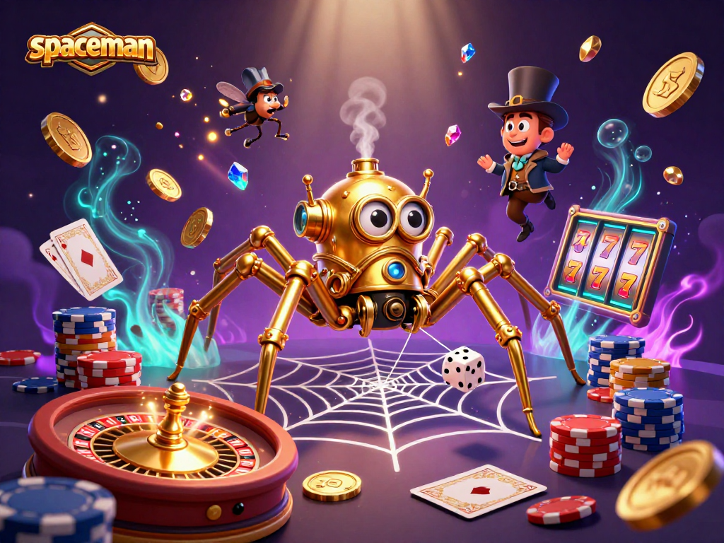Engage in Spaceman slot action with a steampunk spider and a Victorian fly gentleman amidst dynamic casino elements.