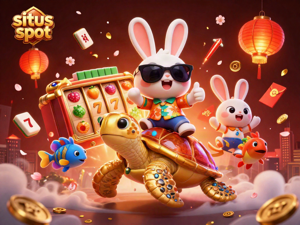Engage with situs slot featuring a lucky rabbit and golden sea turtle in a festive casino environment.