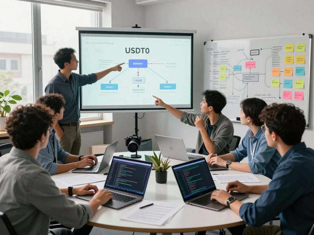 Team discussing USDT0 technology developments in a collaborative office setting.