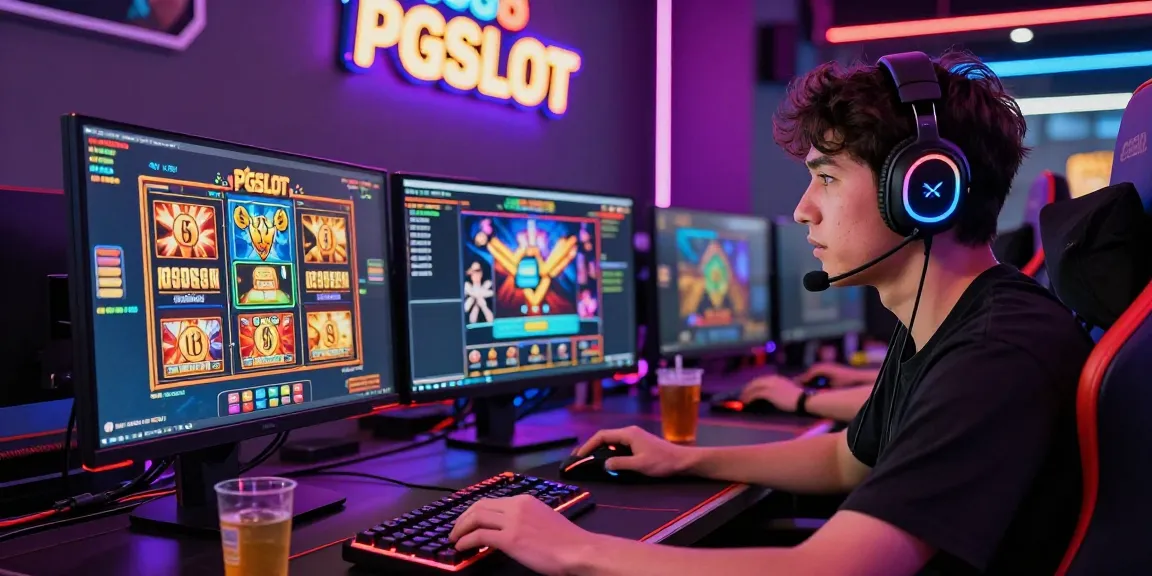 Player enjoying we88 PGSLOT at a high-tech gaming setup with vibrant atmosphere and accessories.