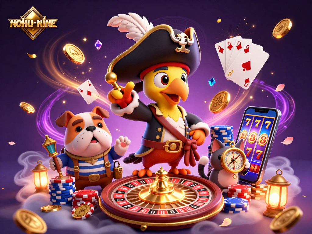 Experience the excitement of nohu-nine with vibrant casino characters amidst golden coins and rich colors.