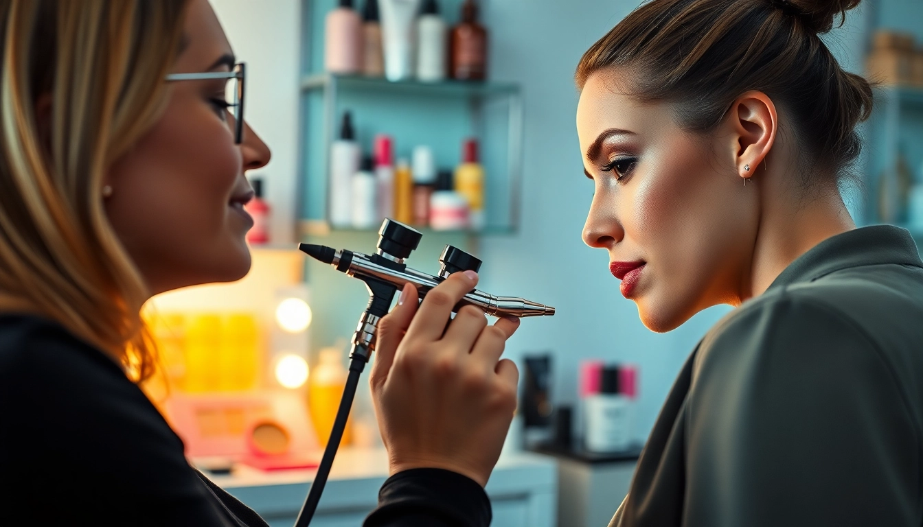 Airbrush makeup artist Dallas applying makeup to a client in a bright studio