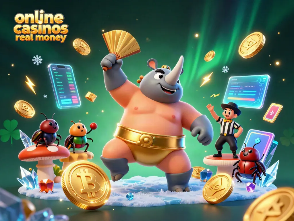 Experience engaging gameplay at online casinos real money with a dynamic scene featuring a sumo champion beetle and crypto elements.