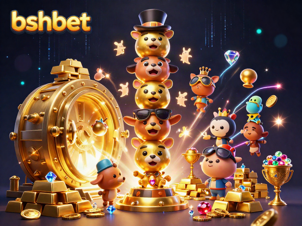 bshbet presents a vibrant casino scene with a golden totem pole, treasure vault, and dynamic game elements.