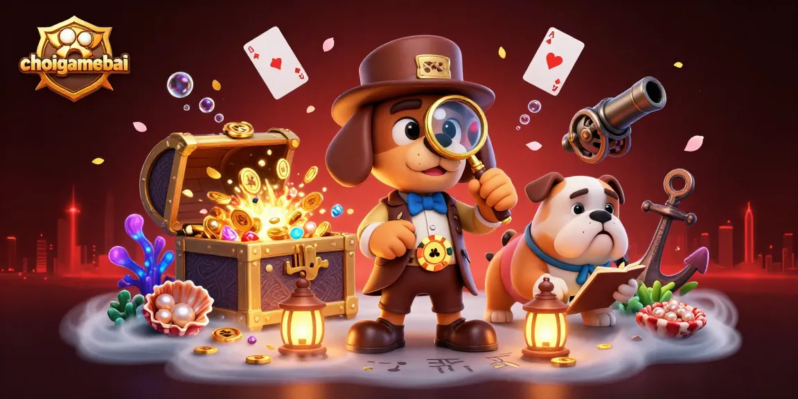 Join the adventure at choigamebai with a detective bloodhound and a bulldog, uncovering poker chip clues amidst dazzling treasures.
