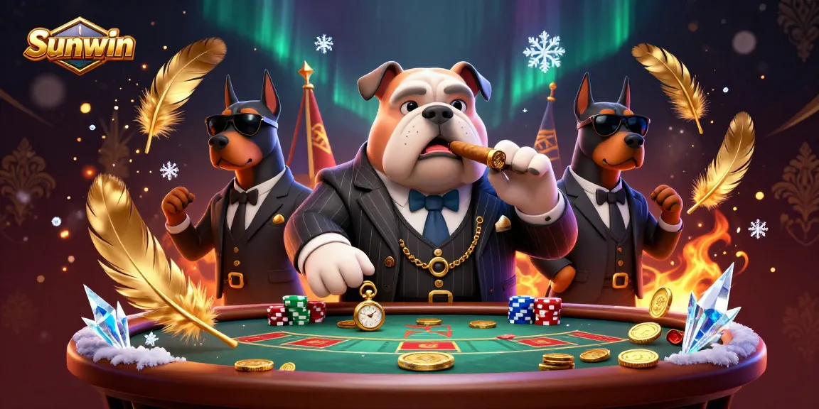Engage with Sunwin's thrilling poker scene featuring a mafia bulldog boss and protective Dobermans.