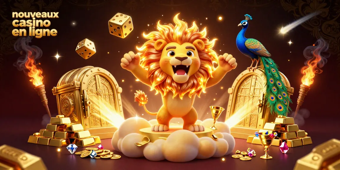 Une illustration casino vibrante avec un lion solaire, des dés d'or, et des trésors de nouveaux casinos en ligne.