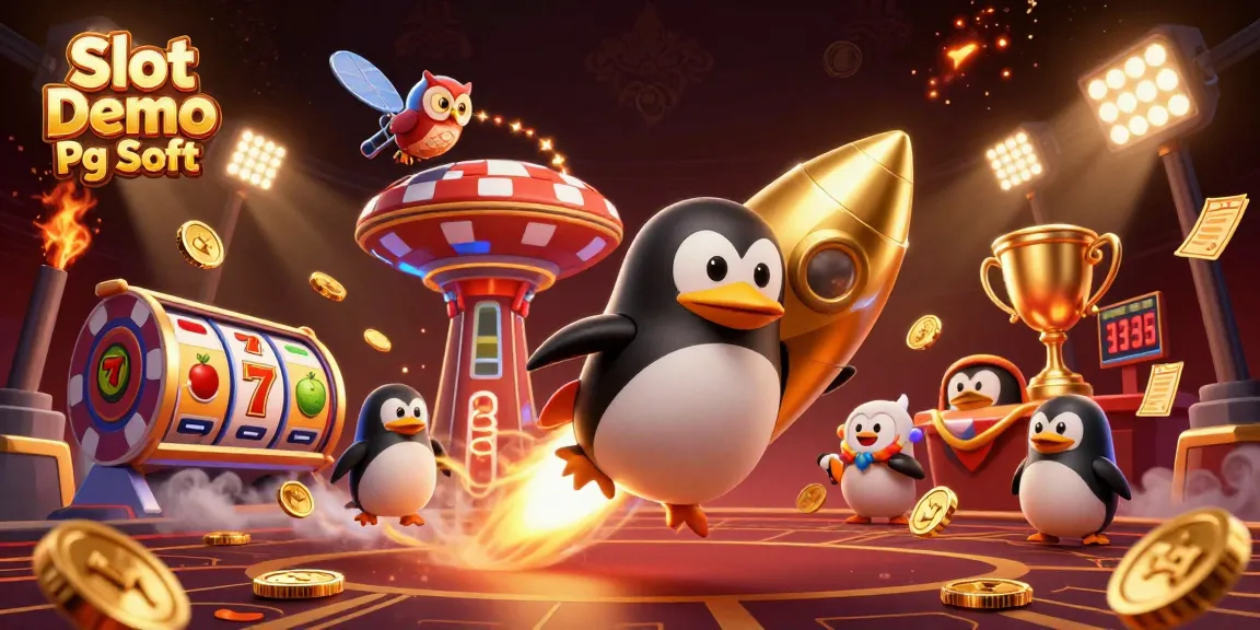 Spin the Slot Demo Pg Soft with thrilling casino elements, featuring a golden penguin and jackpot reels.
