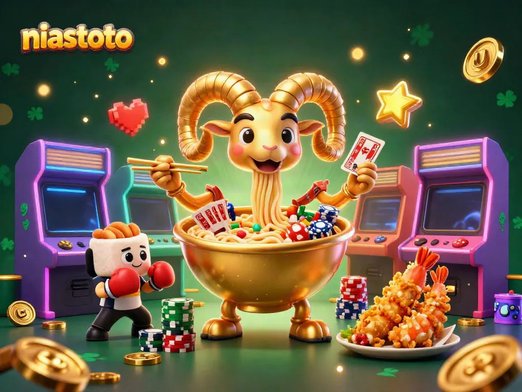 NIASTOTO showcases lively characters engaging in a colorful casino scene filled with vibrant games and dynamic energy