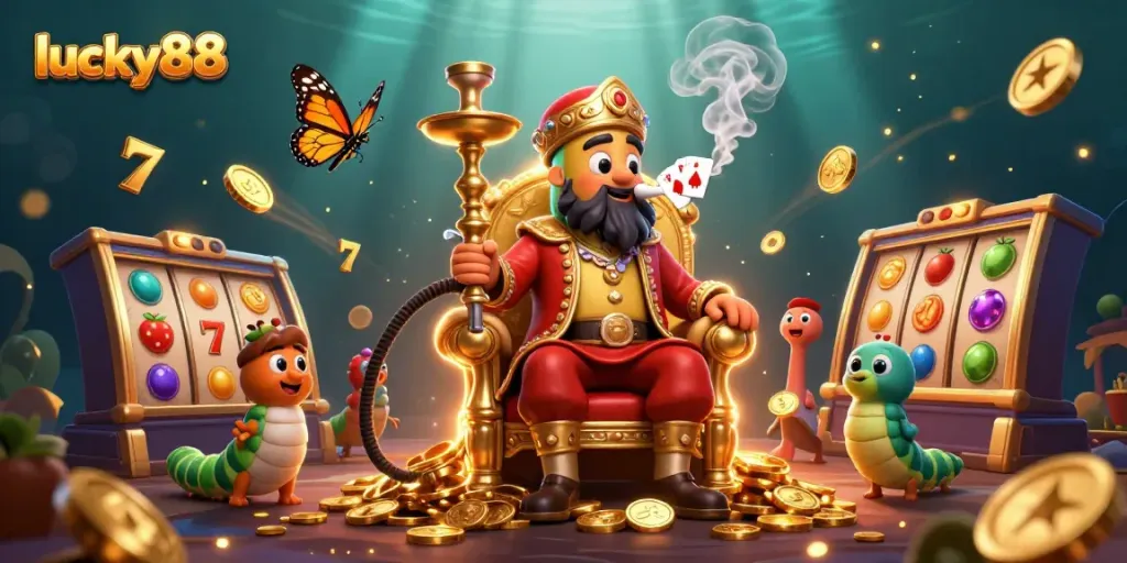 Experience the thrill of lucky88 with colorful slot reels and dynamic gaming elements swirling around an enchanting scene.