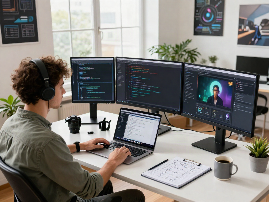 AI Image Detector application interface on multiple monitors in a modern tech workspace