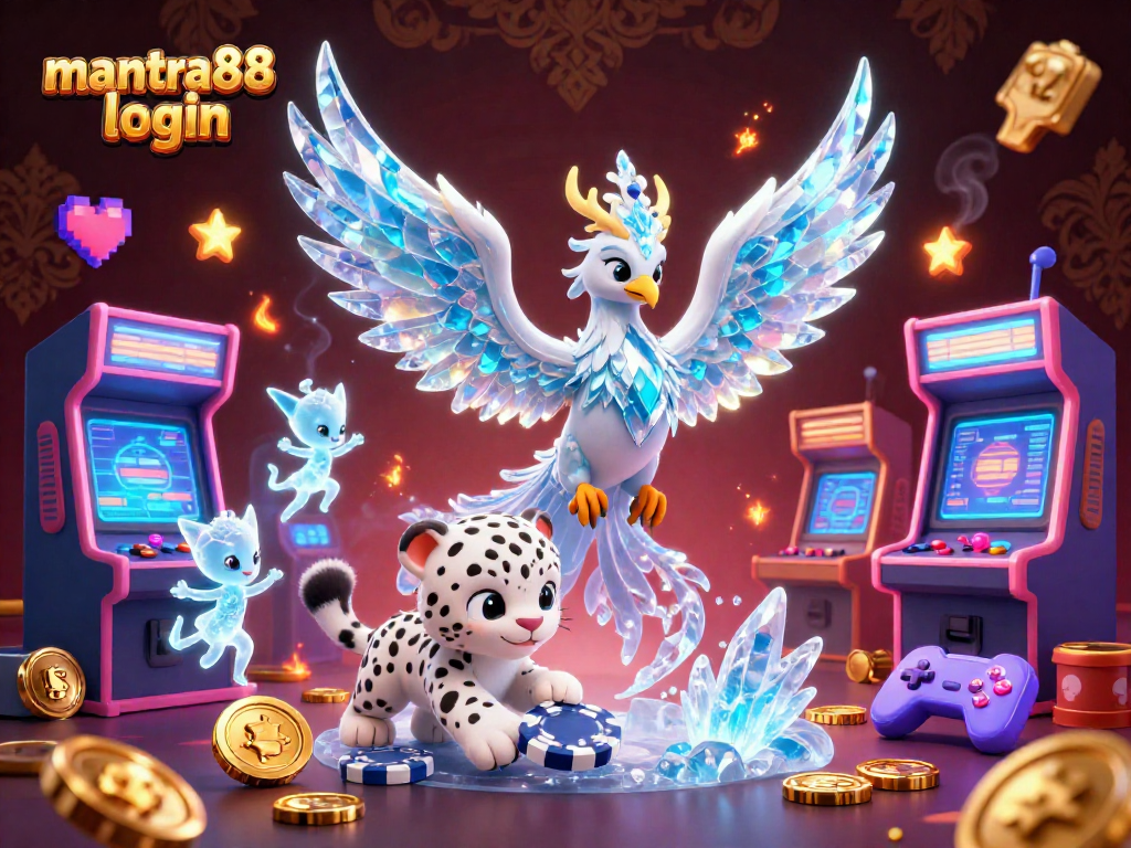 Engage with the thrilling mantra88 login experience featuring a captivating 3D ice phoenix and arcade elements.