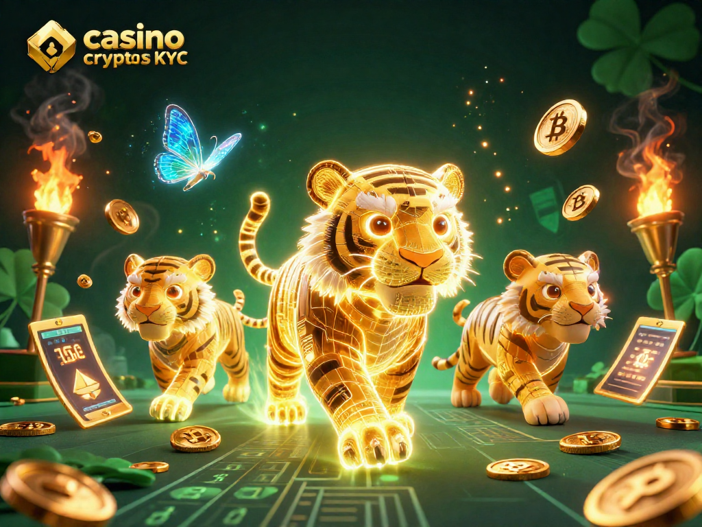 Plongez dans l'univers des jeux avec casino crypto sans KYC, illustré par un tigre néon et des éléments de cryptomonnaies.