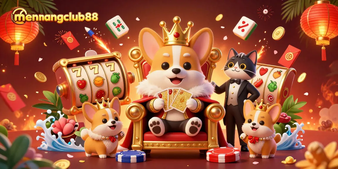 Experience the excitement of menangclub88 with a royal gaming scene featuring a crowned corgi and vibrant casino elements.