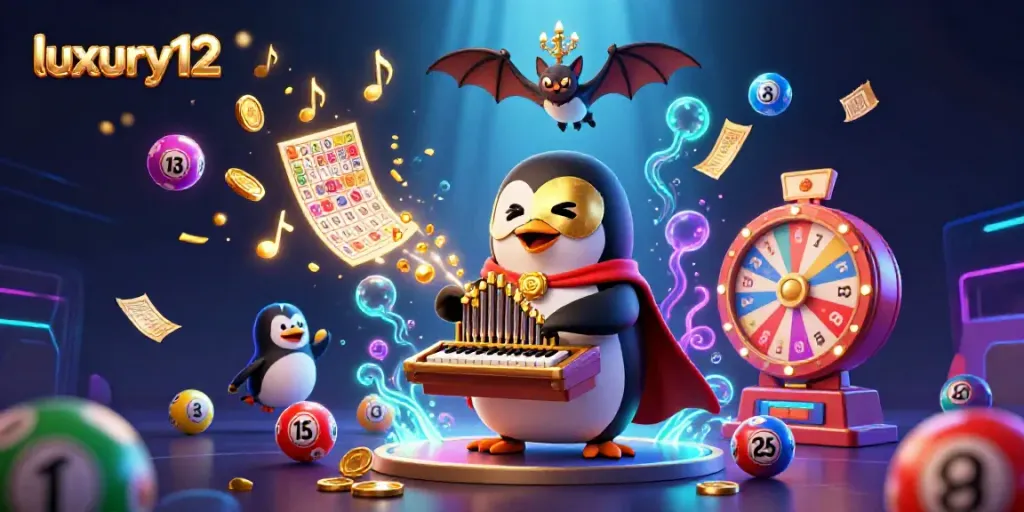 Experience the thrill of luxury12 with a vibrant illustration of a 3D penguin organist amidst golden coins and lottery excitement.