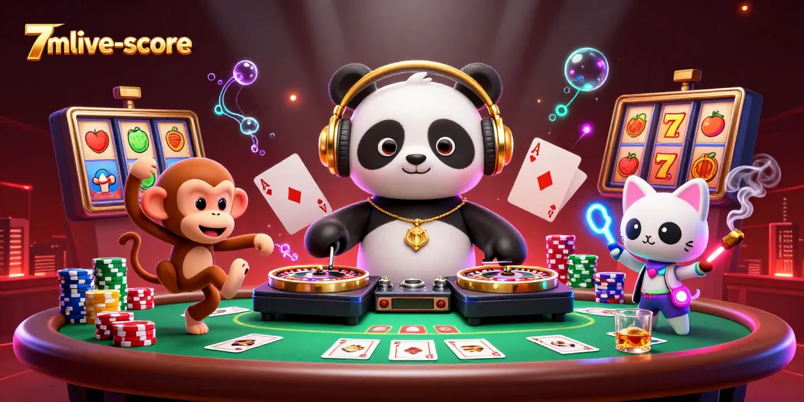 Experience the vibrant energy of 7mlive-score with a DJ panda, breakdancing monkey, and slot elements.